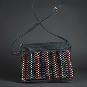 Patricia Nash Black Leather Crossbody Bag with Multicolor Bead Panel, GUC